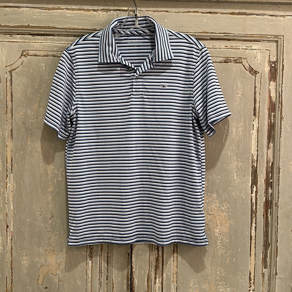 Vineyard Vines Performance Polo, Boys Size (L 16); navy, white & sky bl striped